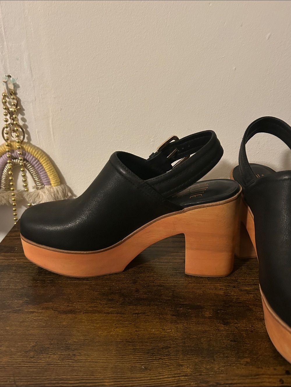 Charlotte Stone Black Leather Platform Clogs with Tan Wood-Look Sole - Picture 2 of 6